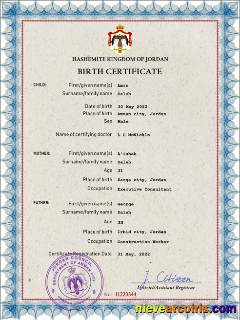 Jordan vital record birth certificate